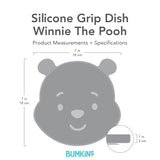 Gray silhouette of Bumkins Silicone Grip Dish Winnie The Pooh with dimensions—width: 7 in (18 cm), height: 7 in (18 cm), depth: 1 in (3 cm).