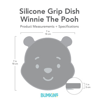 Gray silhouette of Bumkins Silicone Grip Dish Winnie The Pooh with dimensions—width: 7 in (18 cm), height: 7 in (18 cm), depth: 1 in (3 cm).