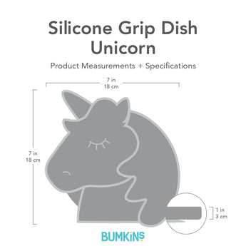 Gray silhouette of Bumkins Silicone Grip Dish Unicorn with dimensions—width: 7 in (18 cm), height: 7 in (18 cm), depth: 1 in (3 cm).