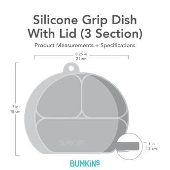 Bumkins Silicone Grip Dish with Lid (3 Section) with dimensions—width: 8.25 in (21 cm), height: 7 in (18 cm), depth: 1 in (3 cm).