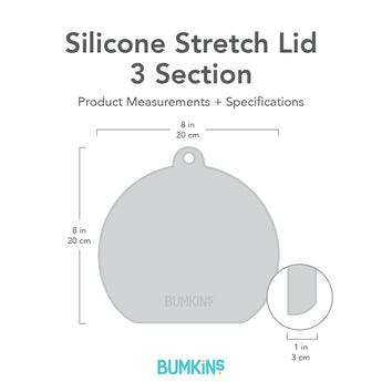 Gray silhouette of Bumkins Silicone Stretch Lid 3 Section with dimensions—width: 8 in (20 cm), height: 8 in (20 cm), depth: 1 in (3 cm).
