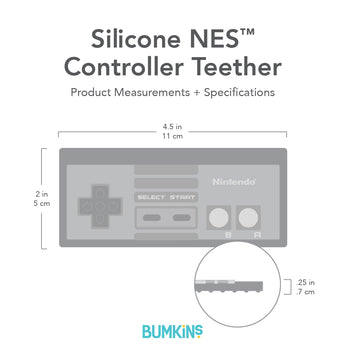 Bumkins Silicone NES™ Controller Teether with dimensions—width: 4.5 in (11 cm), height: 2 in (5 cm), charm height: .25 in (.7 cm).