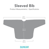 Gray silhouette of Bumkins Sleeved Bib with dimensions—width: 31 in (79 cm), height: 12.5 in (32 cm), bottom width: 14 in (36 cm).