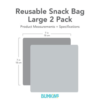 Gray silhouette of Bumkins Reusable Snack Bag, Large 2 Pack with dimensions—width: 7 in (18 cm), height: 7 in (18 cm).