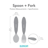 Gray silhouette of Bumkins Spoon + Fork with dimensions—width: .95 in (2.41 cm), height: 5.5 in (13.97 cm), depth: .75 in (1.9 cm).