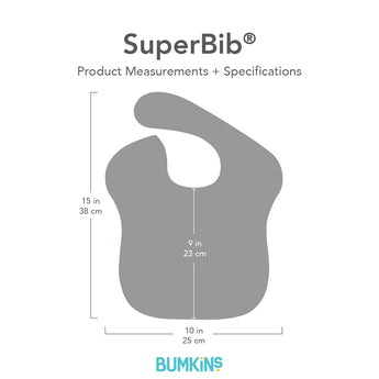 Gray silhouette of Bumkins SuperBib® with dimensions—width: 10 in (25 cm), height from neck: 9 in (23 cm), height: 15 in (38 cm).