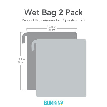 Gray silhouette of Bumkins Wet Bag 2 Pack with dimensions—width: 12.25 in (31 cm), height: 14.5 in (37 cm).