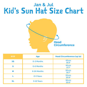 Silhouette of a childs head with blue line for sizing table of UPF 50+ Jan and Jul Sun Hat, Coral.