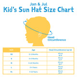 Silhouette of a childs head with blue line for sizing table of UPF 50+ Jan and Jul Sun Hat, Coral.