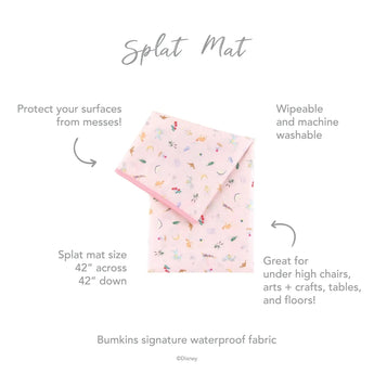 Infographic of Bumkins Splat Mat: Bumkins signature waterproof fabric, wipeable and machine washable, protect your surfaces from messes.