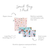 Infographic of Bumkins Reusable Snack Bag, 3-Pack: Bumkins signature waterproof fabric, zipper closure, machine washable and dishwasher-safe.