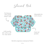 Infographic of Bumkins Sleeved Bib: Bumkins signature waterproof fabric, catch-all pocket, adjustable tie neck closure, 6-24 months.