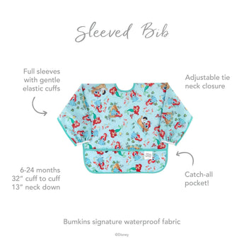 Infographic of Bumkins Sleeved Bib: Bumkins signature waterproof fabric, catch-all pocket, adjustable tie neck closure, 6-24 months.