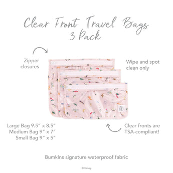Infographic of Bumkins Clear Travel Bag 3-Pack: Bumkins signature waterproof fabric, clear fronts are TSA-compliant, zipper closures.