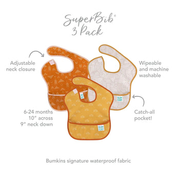 Infographic of Bumkins SuperBib® 3 Pack: Bumkins signature waterproof fabric, adjustable neck closure, catch-all pocket, 6-24 months.