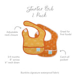 Infographic of Bumkins Starter Bib 2 Pack: Bumkins signature waterproof fabric, adjustable neck closure, catch-all pocket, 3-9 months.