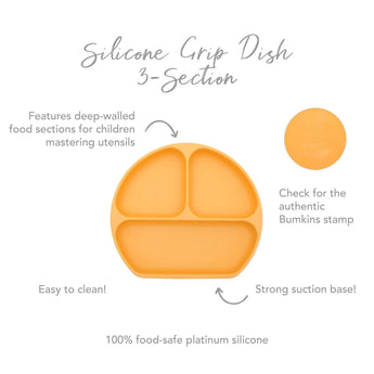 Infographic of Bumkins Silicone Grip Dish: 100% food-safe platinum silicone, strong suction base, deep-walled food sections, easy to clean.
