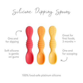 Infographic of Bumkins Silicone Dipping Spoons: 100% food-safe platinum silicone, one end for dipping, one end for scooping, 3 months+.