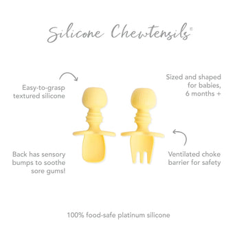 Infographic of Bumkins Silicone Chewtensils®: 100% food-safe platinum silicone, easy-to-grasp textured silicone, ventilated choke barrier.