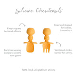 Infographic of Bumkins Silicone Chewtensils®: 100% food-safe platinum silicone, easy-to-grasp textured silicone, ventilated choke barrier.