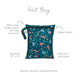 Infographic of Bumkins Wet Bag: Bumkins signature waterproof fabric, zipper closure, snap handle, stash wet stuff inside.