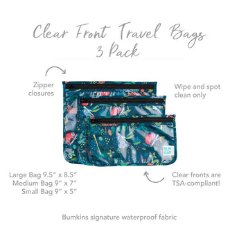 Infographic of Bumkins Clear Travel Bag 3-Pack: Bumkins signature waterproof fabric, clear fronts are TSA-compliant, zipper closures.