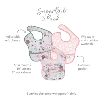 Infographic of Bumkins SuperBib® 3 Pack: Bumkins signature waterproof fabric, adjustable neck closure, catch-all pocket, 6-24 months.