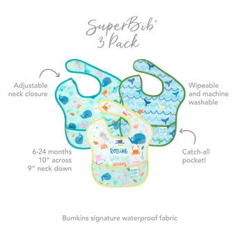 Infographic of Bumkins SuperBib® 3 Pack: Bumkins signature waterproof fabric, adjustable neck closure, catch-all pocket, 6-24 months.