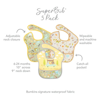 Infographic of Bumkins SuperBib® 3 Pack: Bumkins signature waterproof fabric, adjustable neck closure, catch-all pocket, 6-24 months.