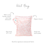 Infographic of Bumkins Wet Bag: Bumkins signature waterproof fabric, zipper closure, snap handle, stash wet stuff inside.