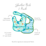 Infographic of Bumkins Starter Bib 2 Pack: Bumkins signature waterproof fabric, adjustable neck closure, catch-all pocket, 3-9 months.