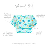 Infographic of Bumkins Sleeved Bib: Bumkins signature waterproof fabric, catch-all pocket, adjustable tie neck closure, 6-24 months.