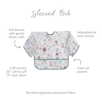 Infographic of Bumkins Sleeved Bib: Bumkins signature waterproof fabric, catch-all pocket, adjustable tie neck closure, 6-24 months.