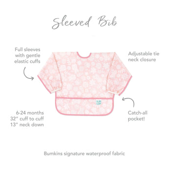 Infographic of Bumkins Sleeved Bib: Bumkins signature waterproof fabric, catch-all pocket, adjustable tie neck closure, 6-24 months.