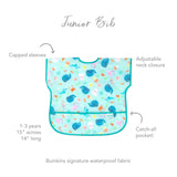 Infographic of Bumkins Junior Bib: Bumkins signature waterproof fabric, capped sleeves, adjustable neck closure, catch-all pocket, 1-3 years.