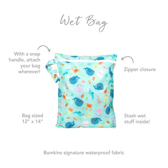 Infographic of Bumkins Wet Bag: Bumkins signature waterproof fabric, zipper closure, snap handle, stash wet stuff inside.
