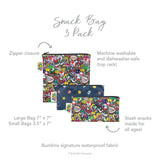 Infographic of Bumkins Reusable Snack Bag, 3-Pack: Bumkins signature waterproof fabric, zipper closure, machine washable and dishwasher-safe.
