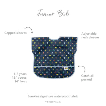 Infographic of Bumkins Junior Bib: Bumkins signature waterproof fabric, capped sleeves, adjustable neck closure, catch-all pocket, 1-3 years.