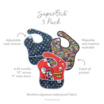 Infographic of Bumkins SuperBib® 3 Pack: Bumkins signature waterproof fabric, adjustable neck closure, catch-all pocket, 6-24 months.