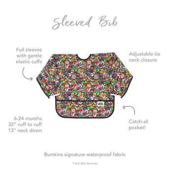 Infographic of Bumkins Sleeved Bib: Bumkins signature waterproof fabric, catch-all pocket, adjustable tie neck closure, 6-24 months.