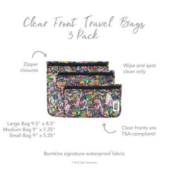 Infographic of Bumkins Clear Travel Bag 3-Pack: Bumkins signature waterproof fabric, clear fronts are TSA-compliant, zipper closures.