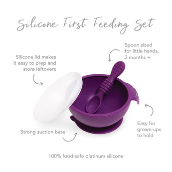 Infographic of Bumkins Silicone First Feeding Set: 100% food-safe platinum silicone, clear silicone lid, suction base, double-ended spoon.