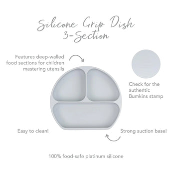 Infographic of Bumkins Silicone Grip Dish: 100% food-safe platinum silicone, strong suction base, deep-walled food sections, easy to clean.