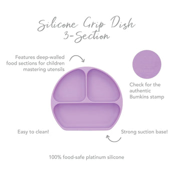 Infographic of Bumkins Silicone Grip Dish 3-Section: 100% food-safe platinum silicone, strong suction base, deep-walled food sections.