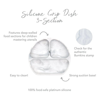 Infographic of Bumkins Silicone Grip Dish: 100% food-safe platinum silicone, strong suction base, deep-walled food sections, easy to clean.