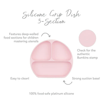 Infographic of Bumkins Silicone Grip Dish: 100% food-safe platinum silicone, strong suction base, deep-walled food sections, easy to clean.