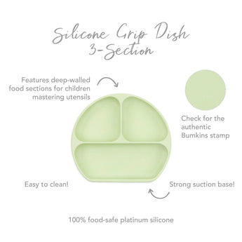 Infographic of Bumkins Silicone Grip Dish: 100% food-safe platinum silicone, strong suction base, deep-walled food sections, easy to clean.