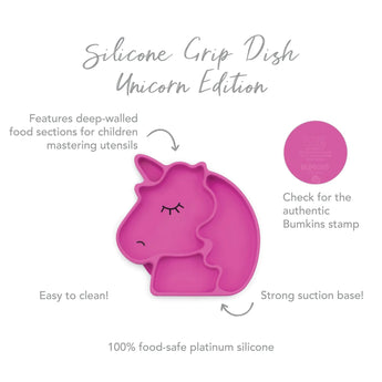 Infographic of Bumkins Silicone Grip Dish: 100% food-safe platinum silicone, strong suction base, deep-walled food sections, easy to clean.