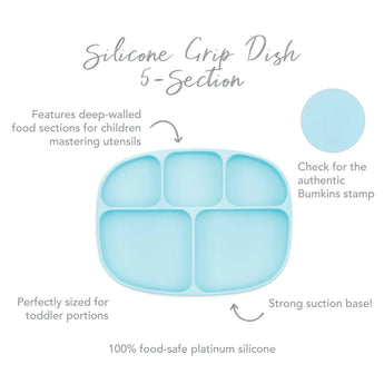 Infographic of Bumkins Silicone Grip Dish 5-Section: 100% food-safe platinum silicone, strong suction base, deep-walled food sections.