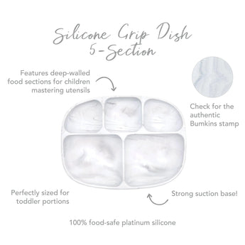 Infographic of Bumkins Silicone Grip Dish 5-Section: 100% food-safe platinum silicone, strong suction base, deep-walled food sections.